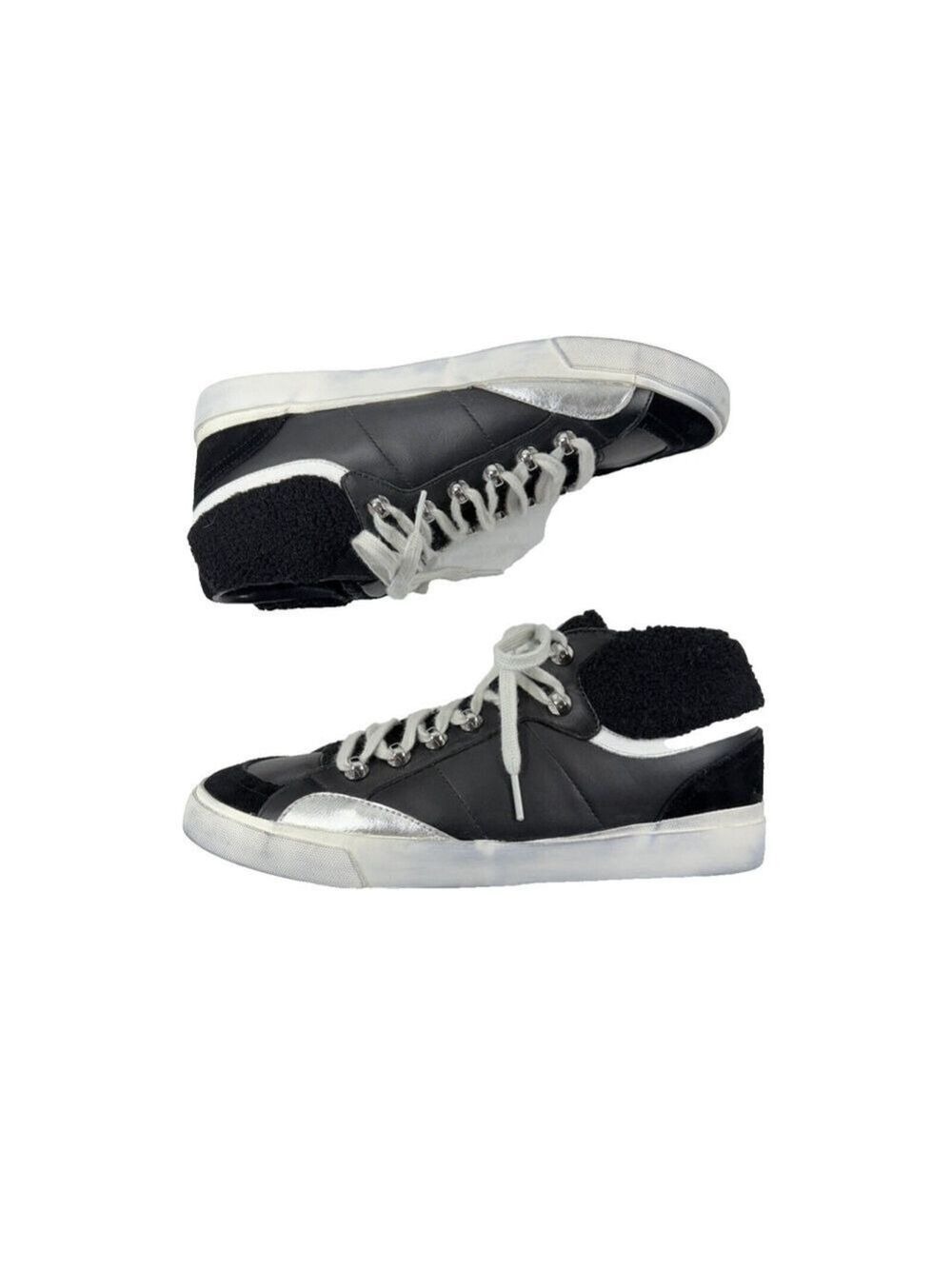 MARC FISHER LTD Women's Black/Silver Merin Faux-Fur Lace-Up Sneakers SZ 11